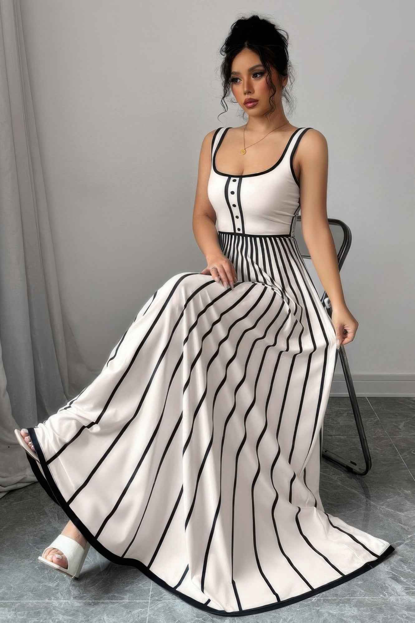Striped Square Neck Sleeveless A Line Fit Dress – New Arrival Now Live