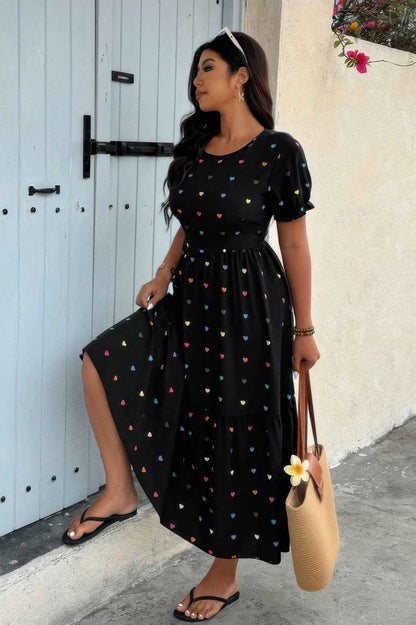 Plus Heart Print Round Neck Ruffle Hem Dress