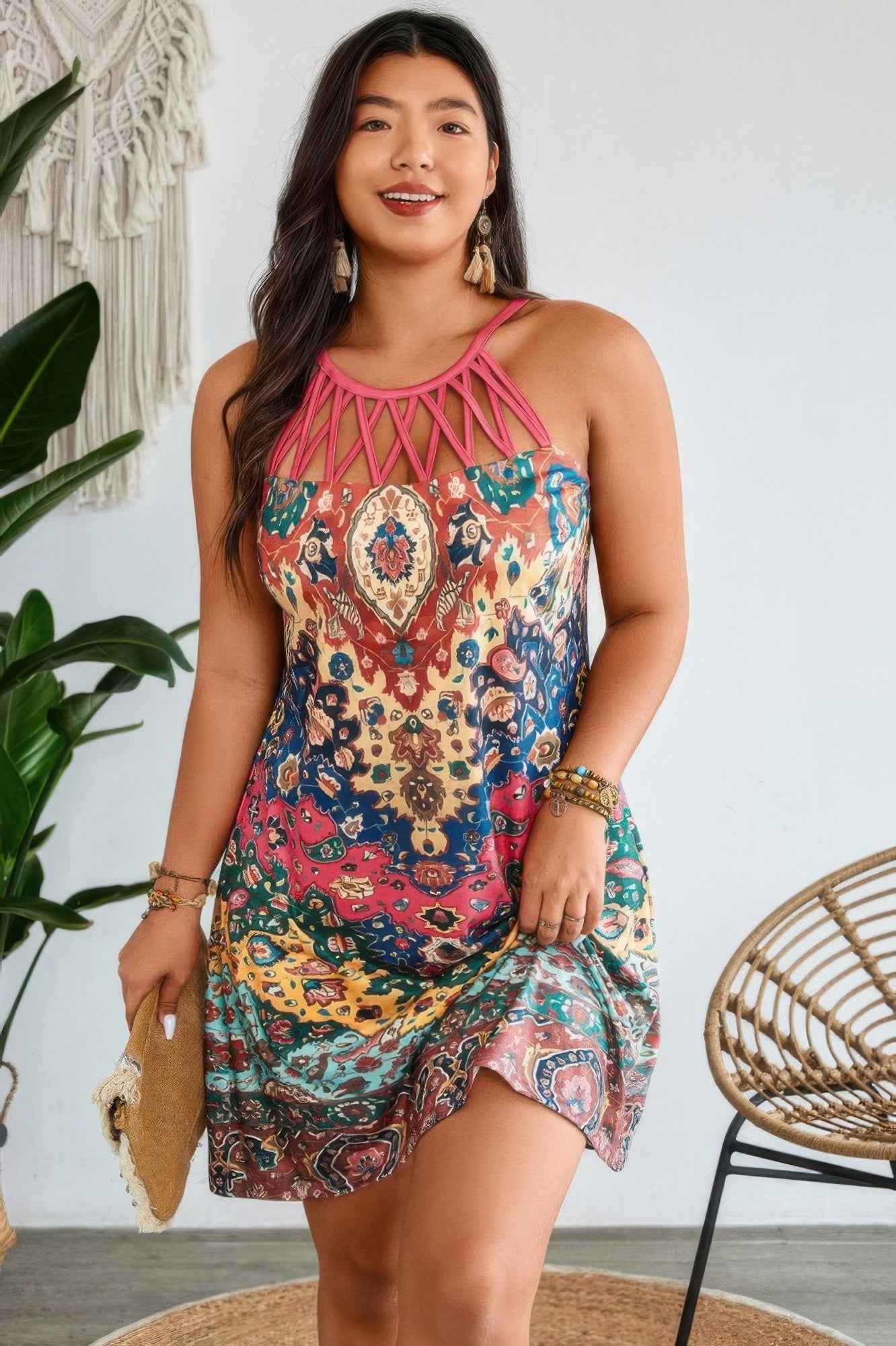 Plus Boho Halterneck Hollow Out Sleeveless Dress