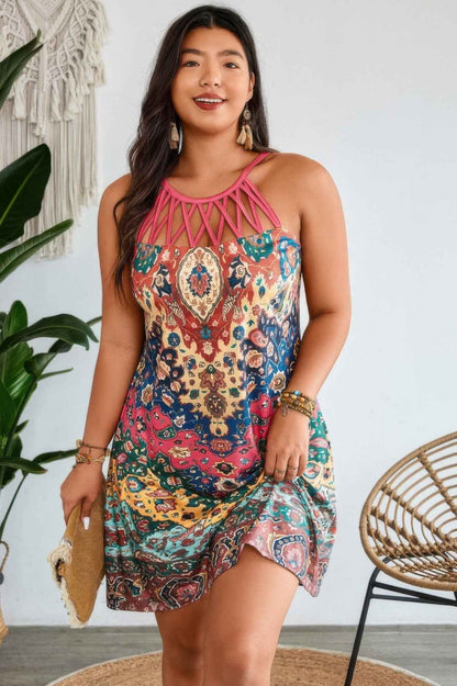 Plus Boho Halterneck Hollow Out Sleeveless Dress