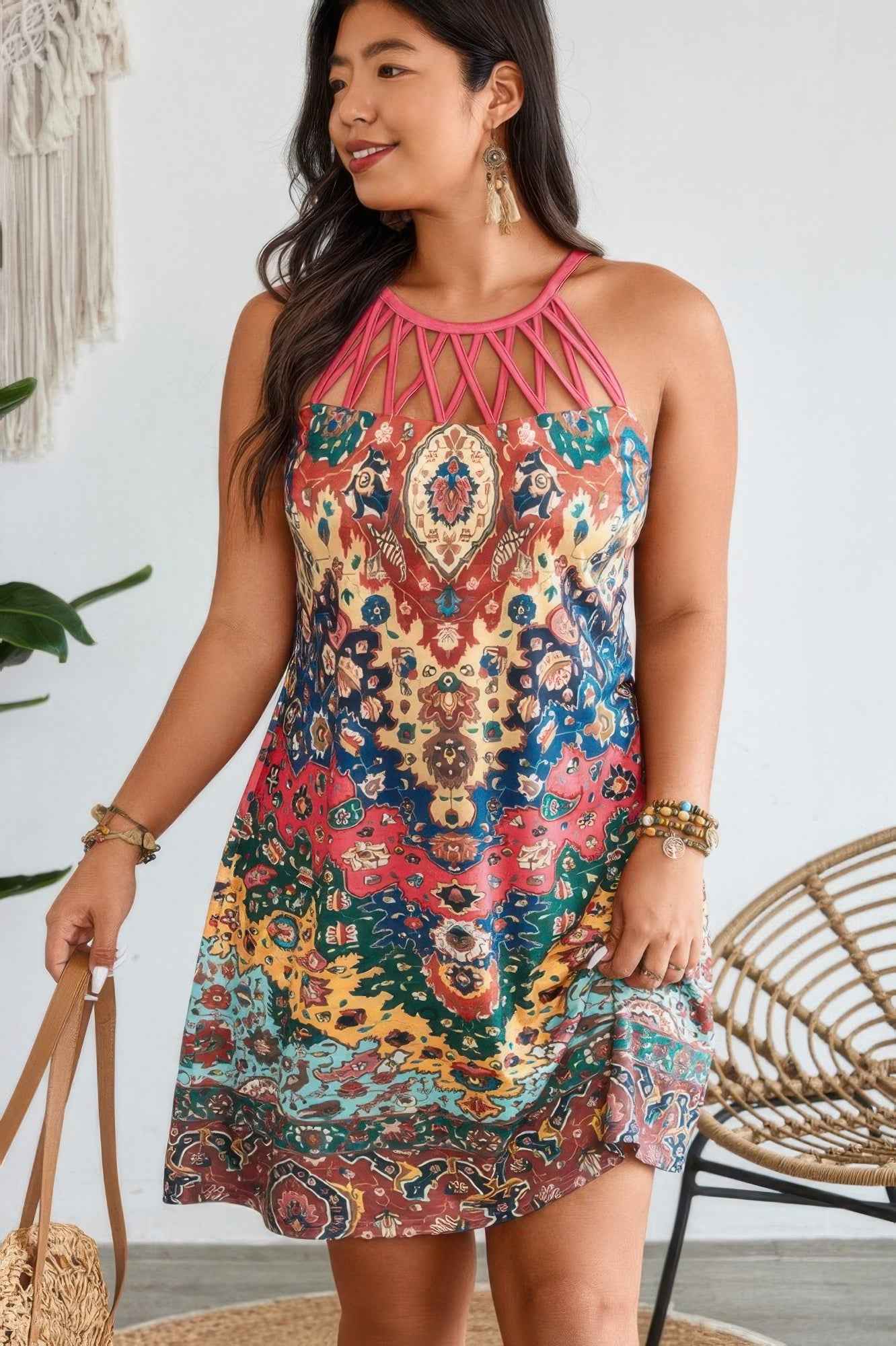 Plus Boho Halterneck Hollow Out Sleeveless Dress