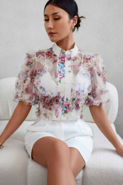Allover Print See Through Collar Puff Sleeve Shirt – New Arrival Now Live