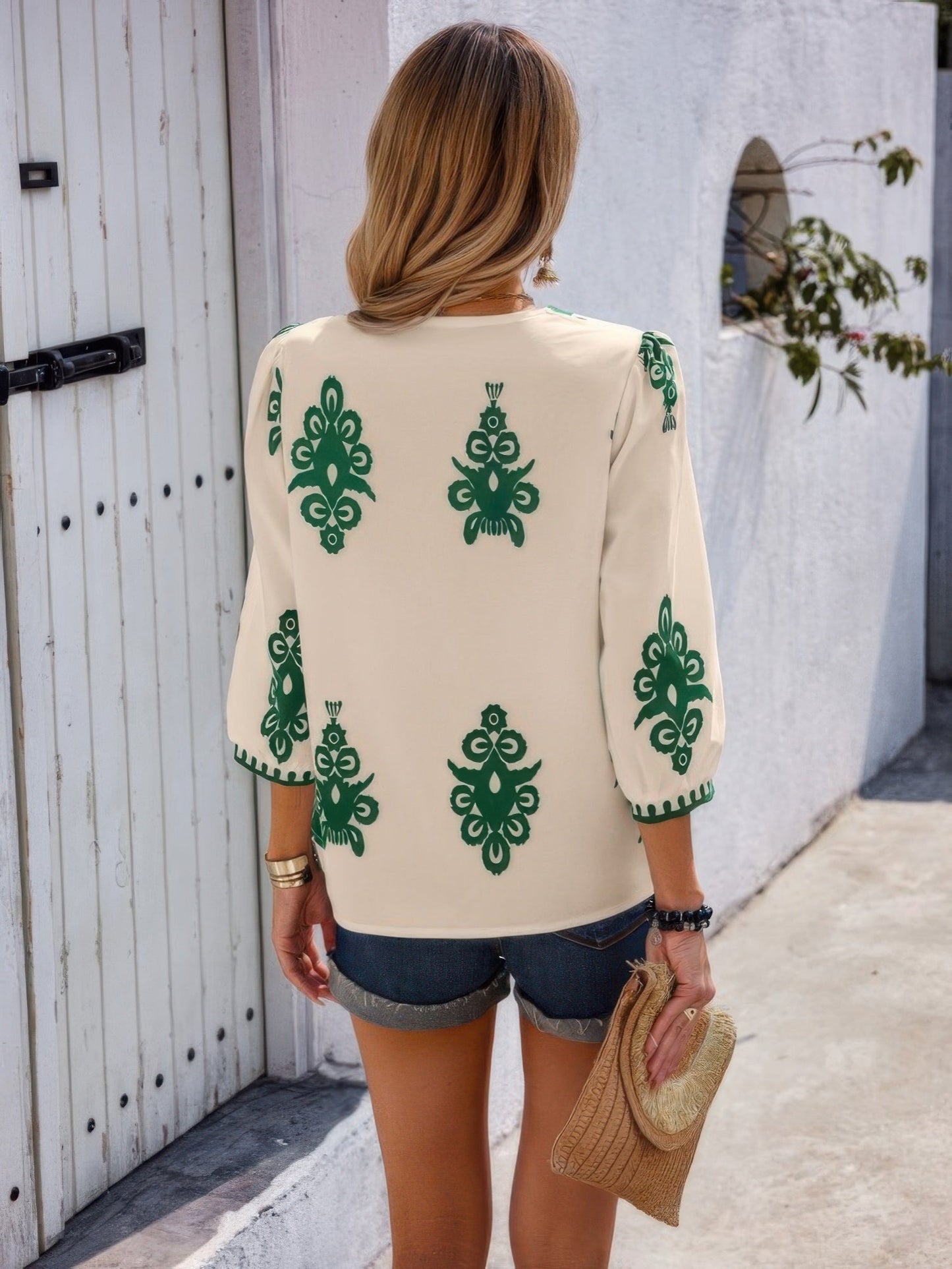 Geo Print V Neck Loose Puff Sleeves Blouse – New Arrival Now Live