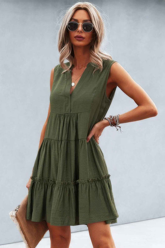 New Arrival – Solid V Neck Flat Collar Tiered Shift Dress – New Arrival Now Live