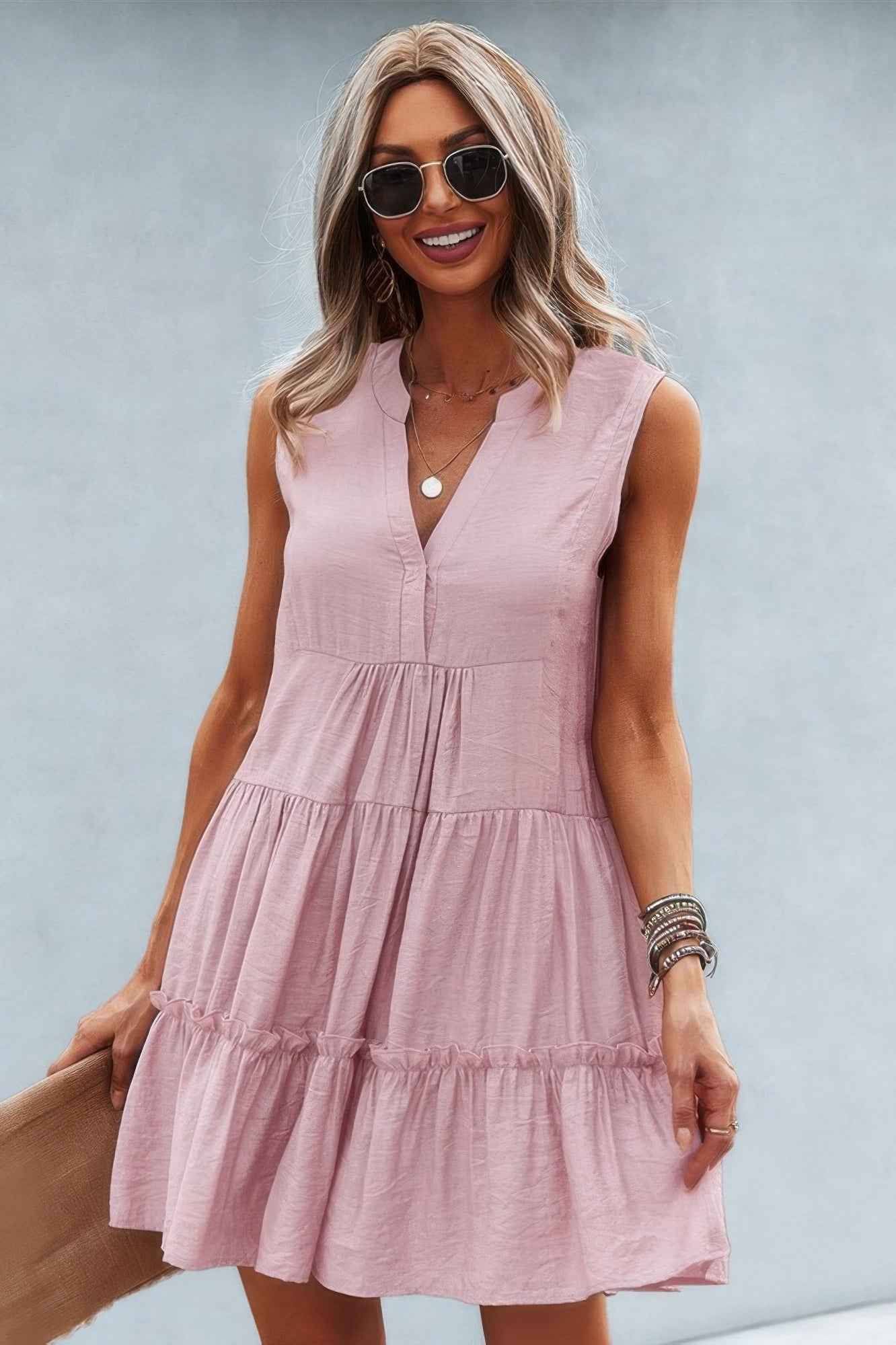 Solid V Neck Flat Collar Tiered Shift Dress – New Arrival Now Live