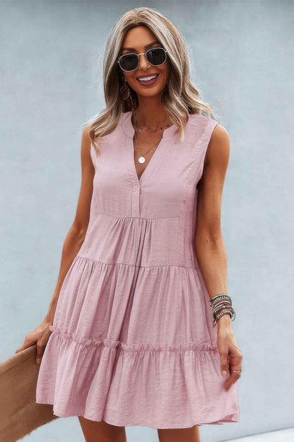 Solid V Neck Flat Collar Tiered Shift Dress – New Arrival Now Live
