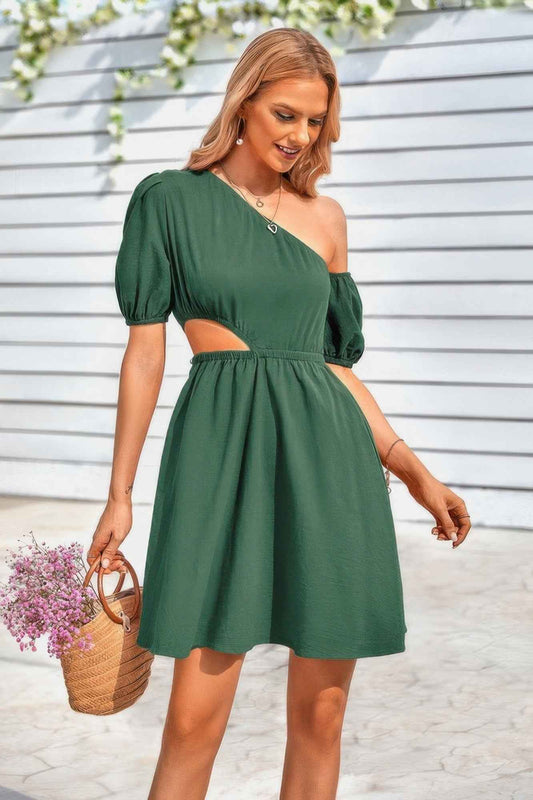 New Arrival – One Shoulder Puff Sleeve Fit Flare Short Dress – New Arrival Now Live