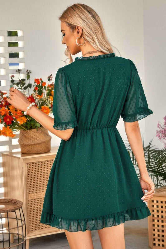 New Arrival – Solid Ruffle Hem Swiss Dot Short Sleeve Midi Dress – New Arrival Now Live