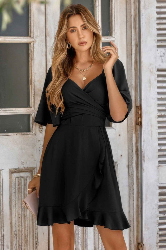 New Arrival – V Neck Bell Sleeves Ruffle Elastic Waist Wrap Dress – New Arrival Now Live