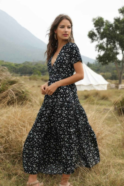 New Arrival – Elegant Floral Ruffle Deep V Neck Slit Dress – New Arrival Now Live