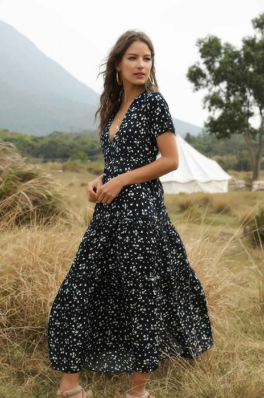 New Arrival – Elegant Floral Ruffle Deep V Neck Slit Dress – New Arrival Now Live