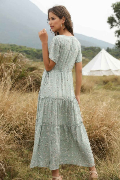 Elegant Floral Ruffle Deep V Neck Slit Dress – New Arrival Now Live