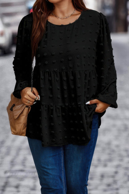 New Arrival – Plus Swiss Dot Round Neck Ruffle Hem Blouse – New Arrival Now Live