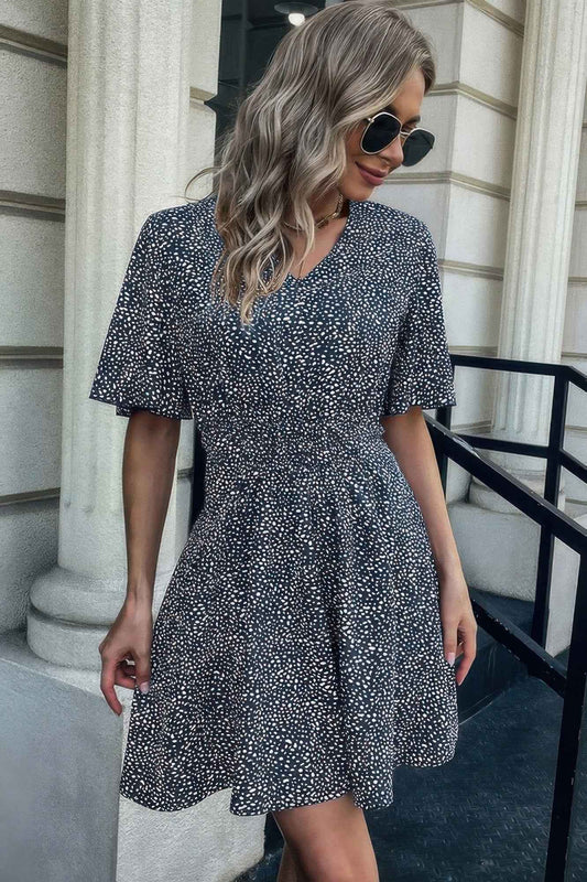 New Arrival – Allover Print V Neck Flounce Sleeve Fit Dress – New Arrival Now Live