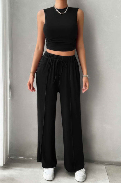 New Arrival – Solid Round Neck Sleeveless Drawstring Pockets Set – New Arrival Now Live