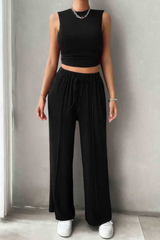 New Arrival – Solid Round Neck Sleeveless Drawstring Pockets Set – New Arrival Now Live