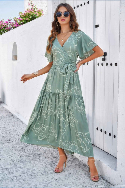 New Arrival – Allover Print V Neck Fit Belt A Line Long Dress – New Arrival Now Live