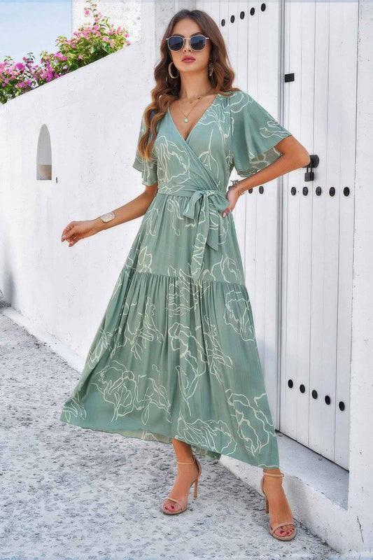 New Arrival – Allover Print V Neck Fit Belt A Line Long Dress – New Arrival Now Live