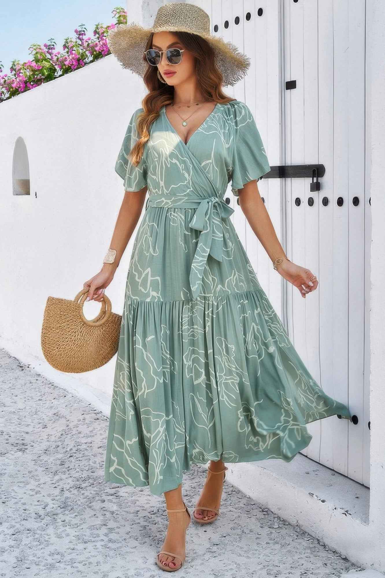 Allover Print V Neck Fit Belt A Line Long Dress – New Arrival Now Live