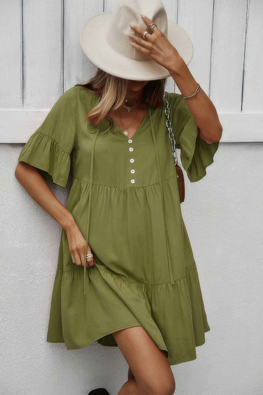 New Arrival – V Neck Button Up Solid Dress – New Arrival Now Live