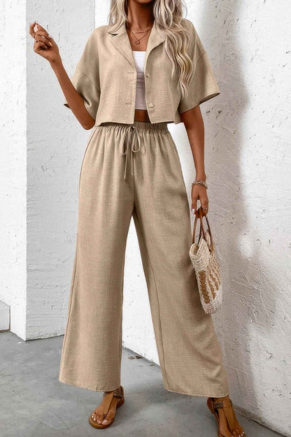 New Arrival – Drop Shoulder Tie Front Wide Leg Pant Set – New Arrival Now Live