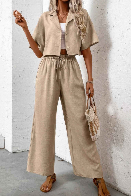 New Arrival – Drop Shoulder Tie Front Wide Leg Pant Set – New Arrival Now Live