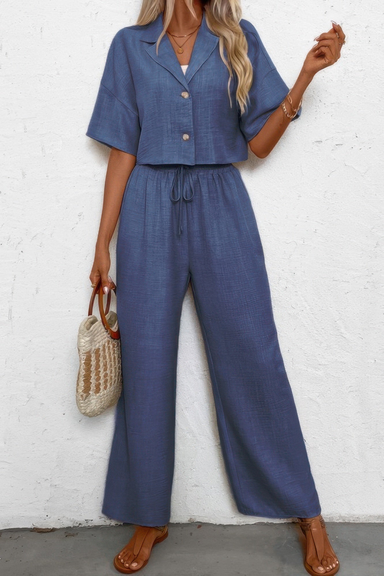 Drop Shoulder Tie Front Wide Leg Pant Set – New Arrival Now Live