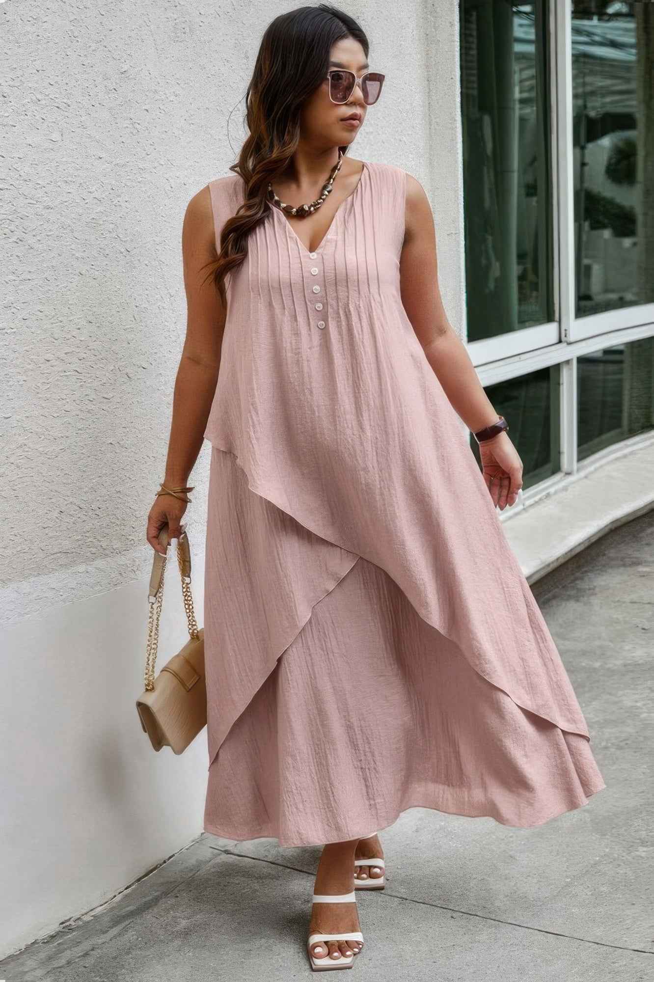 Solid Plus Notched Neck Wrap Sleeveless Loose Dress – New Arrival Now Live