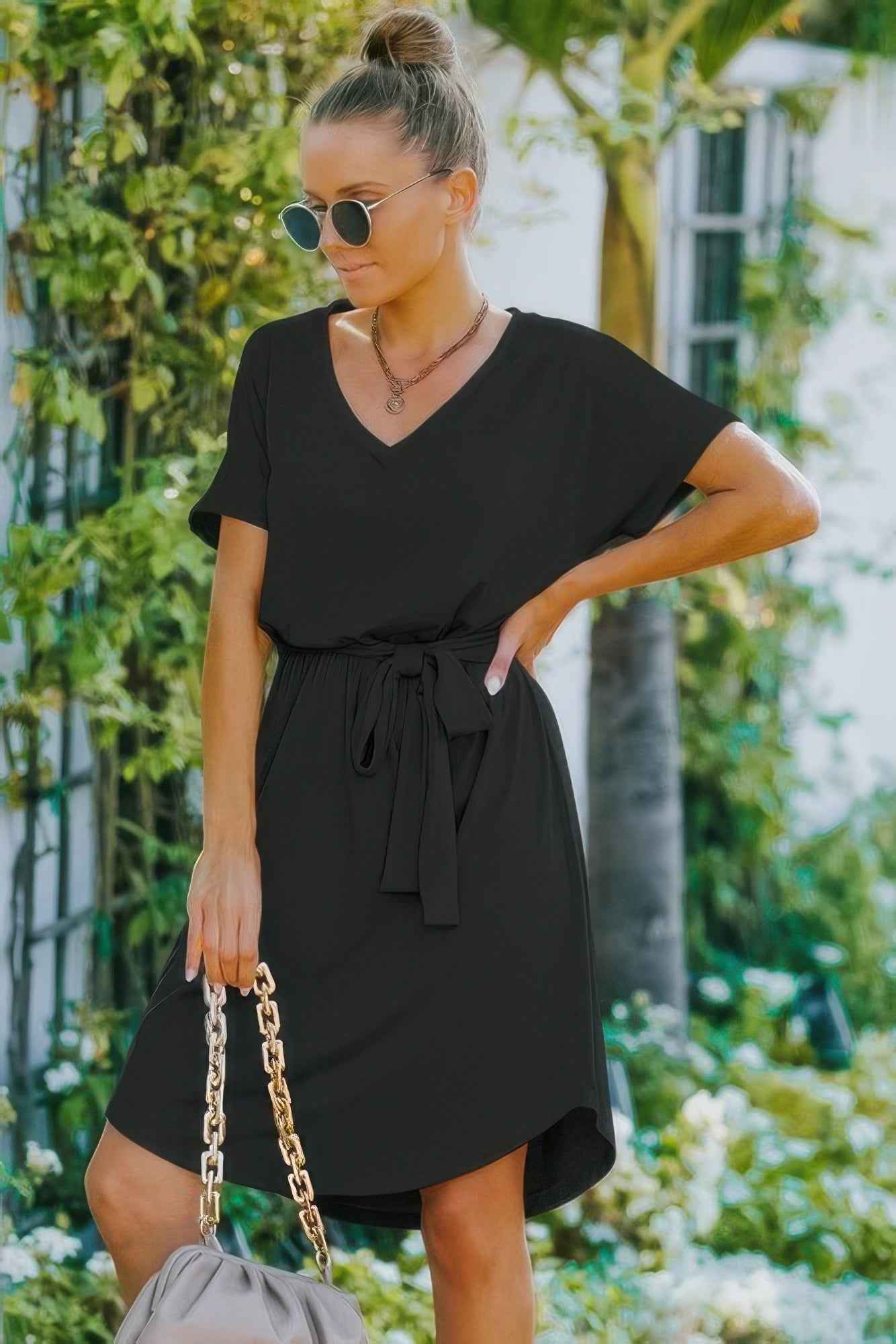 New Arrival – V Neck Waist Tie Solid A Line Dress – New Arrival Now Live