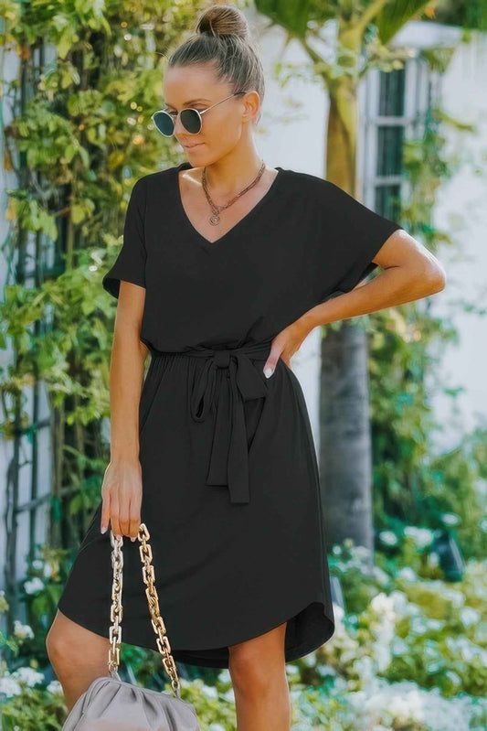 New Arrival – V Neck Waist Tie Solid A Line Dress – New Arrival Now Live