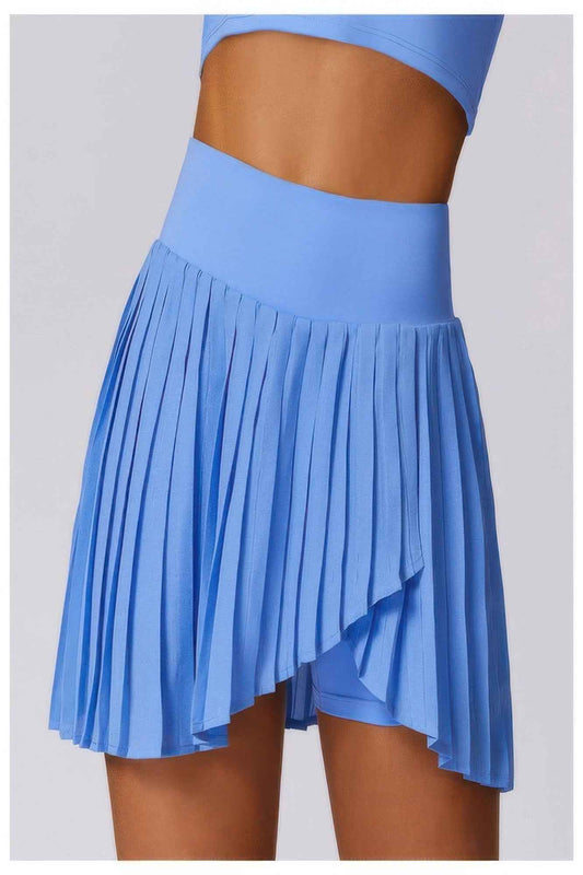 Pleated Solid Wide Waistband Sports Pocket Skirt