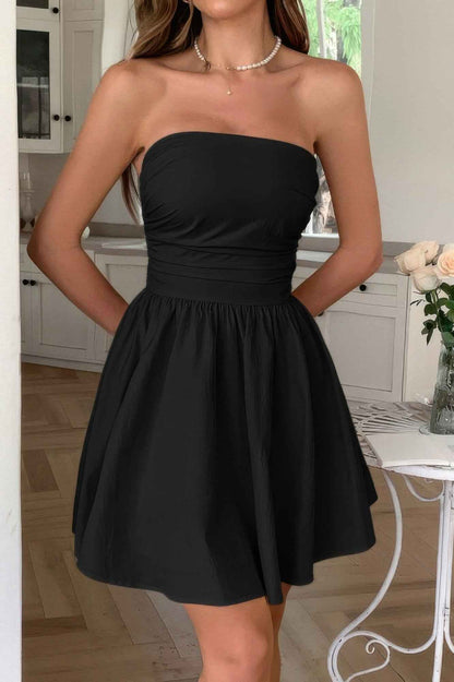 Solid Off Shoulder Tube Elastic Waist Dress