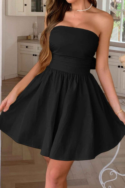 Solid Off Shoulder Tube Elastic Waist Dress