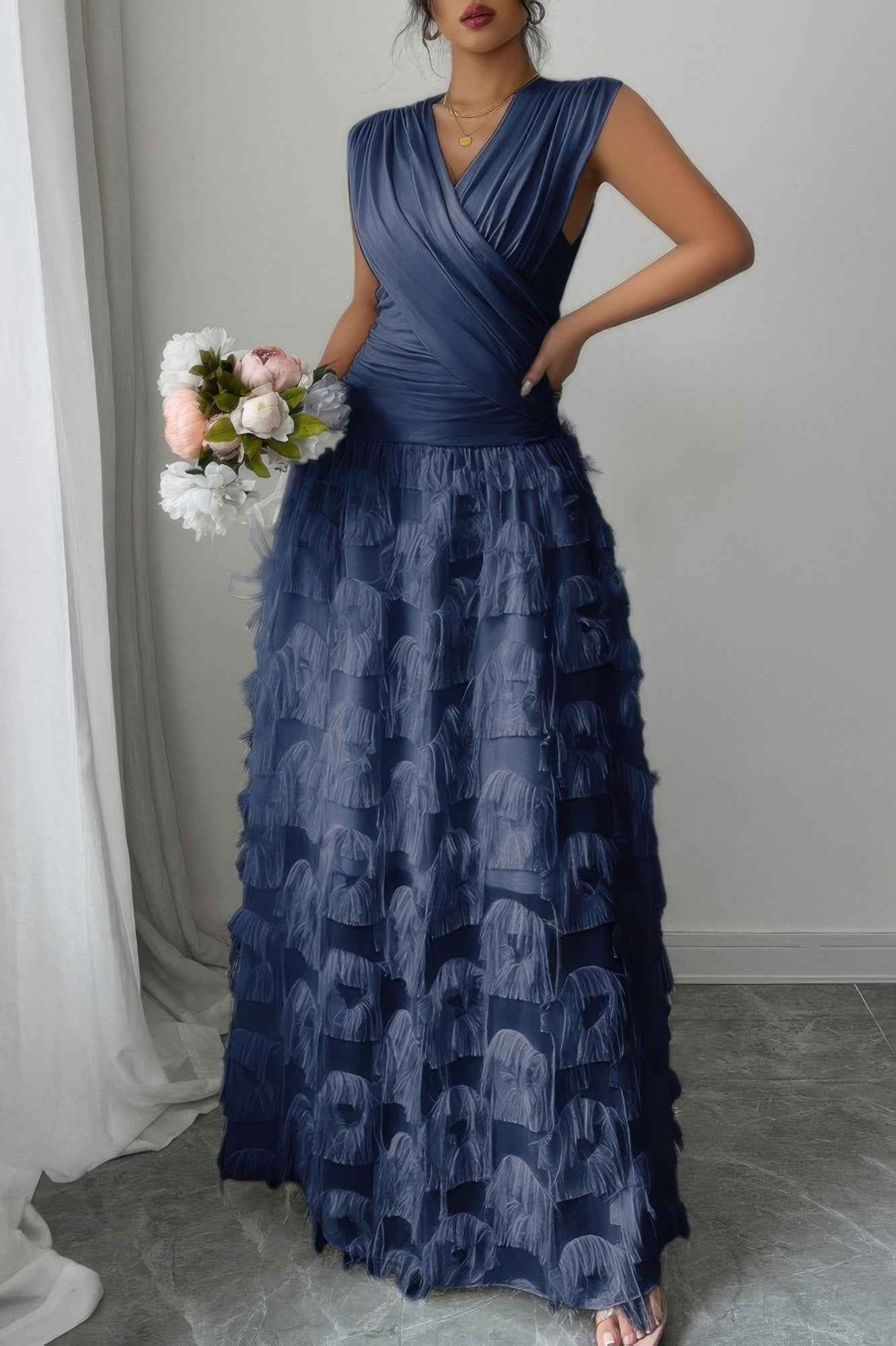 Solid V Neck Ruched Texture Splice Sleeveless Dress