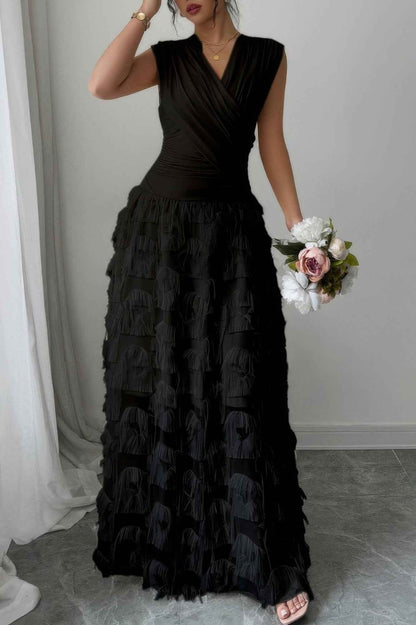 Solid V Neck Ruched Texture Splice Sleeveless Dress