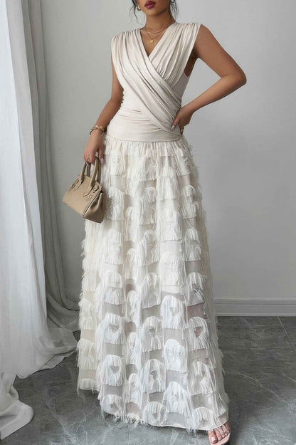 Solid V Neck Ruched Texture Splice Sleeveless Dress
