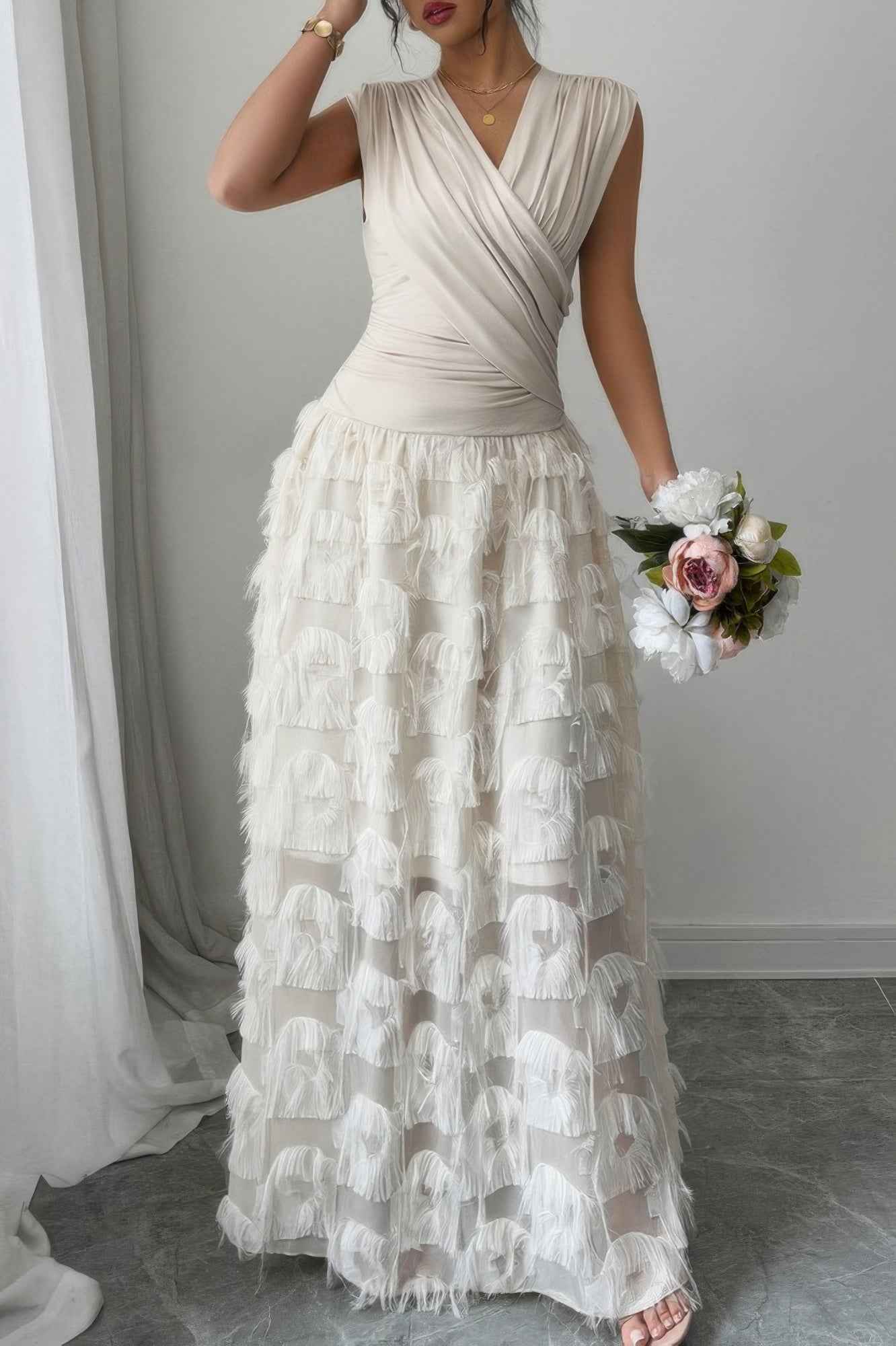 Solid V Neck Ruched Texture Splice Sleeveless Dress