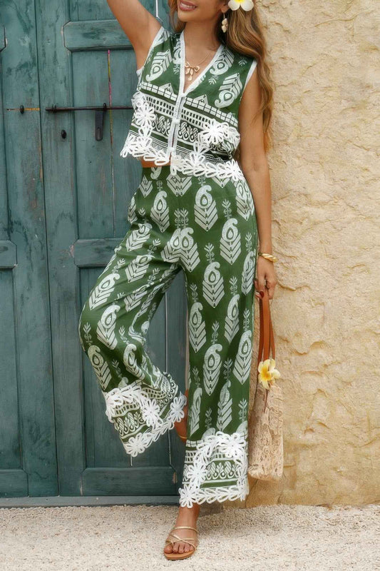 Boho Print Two Piece Sleeveless Button Lace Trim Set