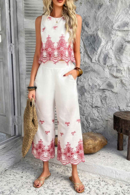 Twp Pieces Tile Inspired Embroidery Sleeveless Set