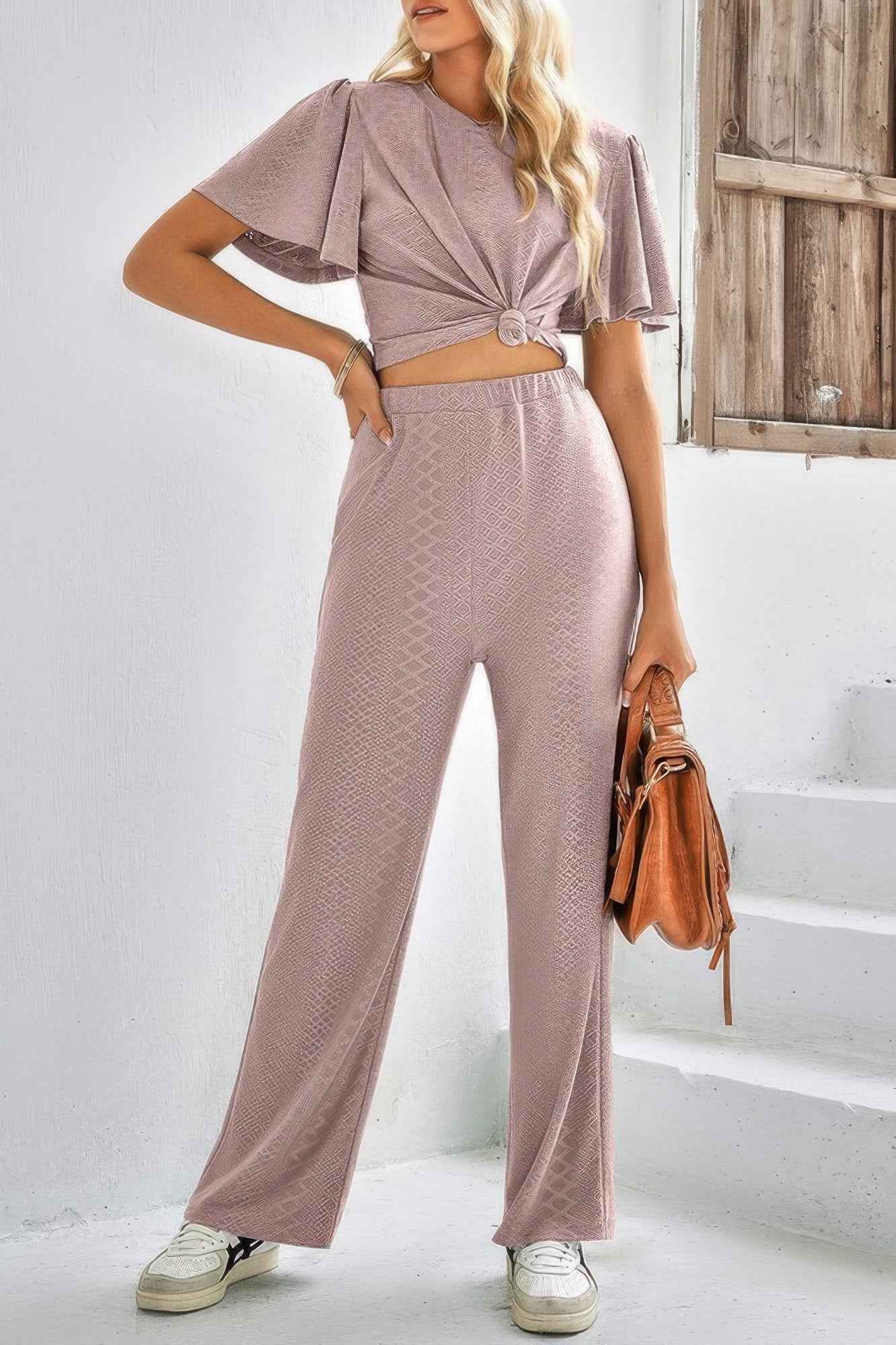Two Pieces Solid Outfit Loose High Waist Sets