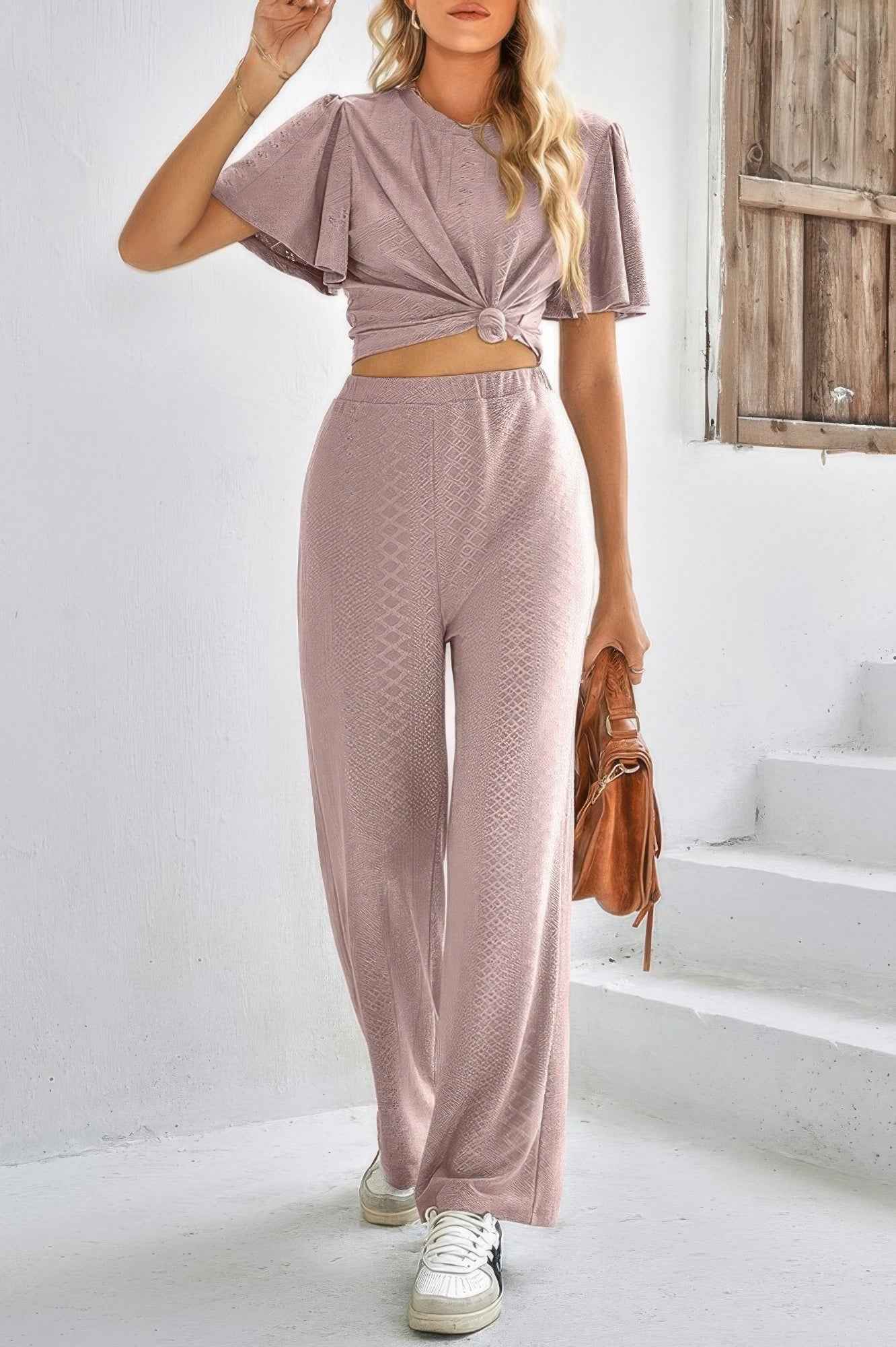 Two Pieces Solid Outfit Loose High Waist Sets