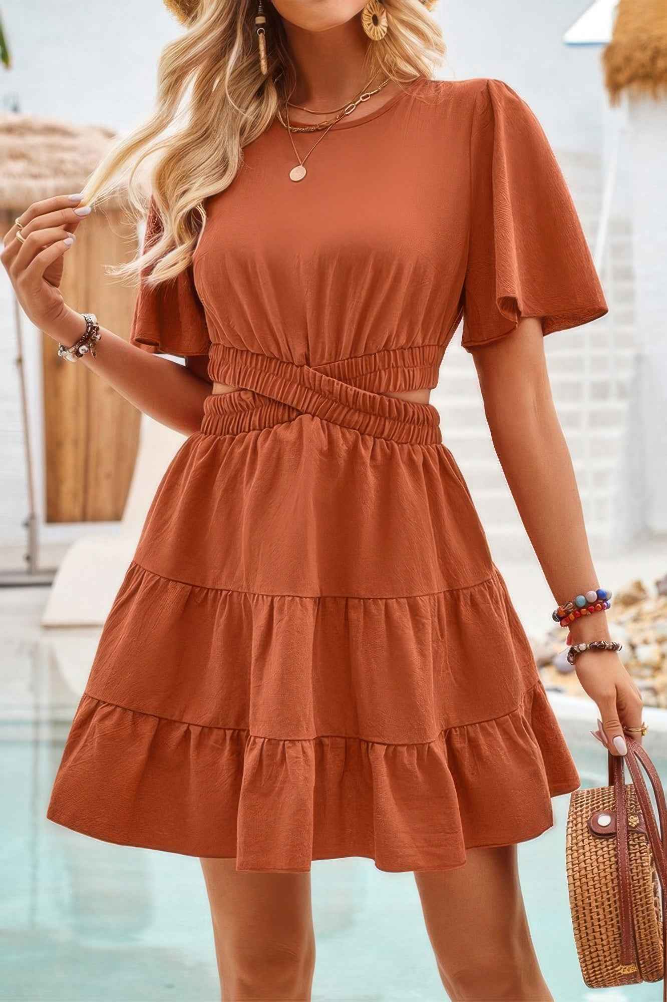 Cross Cut Out Fit Elastic Waist Ruffle Dress