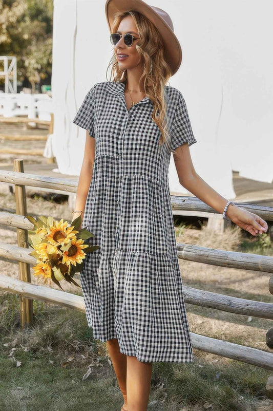 Short Sleeve Plaid Button Midi Dress