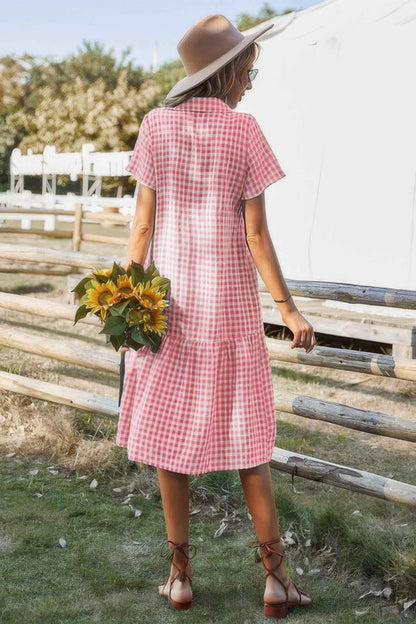 Short Sleeve Plaid Button Midi Dress
