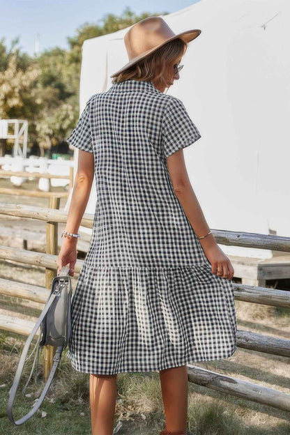 Short Sleeve Plaid Button Midi Dress