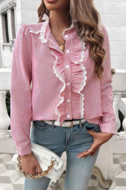 Strip Button Ruffle Lace Trim Puff Fit Blouse
