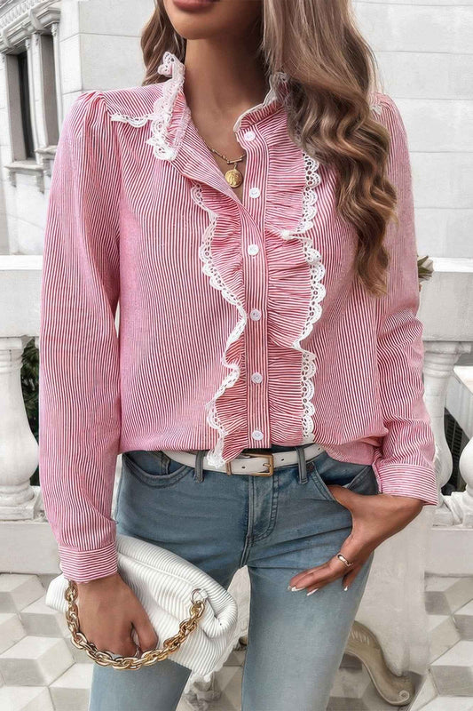 Strip Button Ruffle Lace Trim Puff Fit Blouse