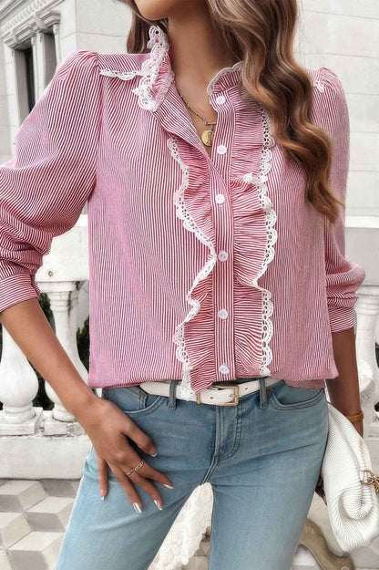 Strip Button Ruffle Lace Trim Puff Fit Blouse