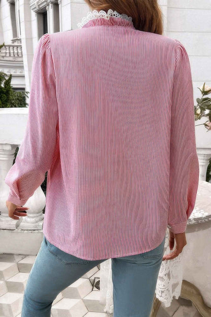 Strip Button Ruffle Lace Trim Puff Fit Blouse