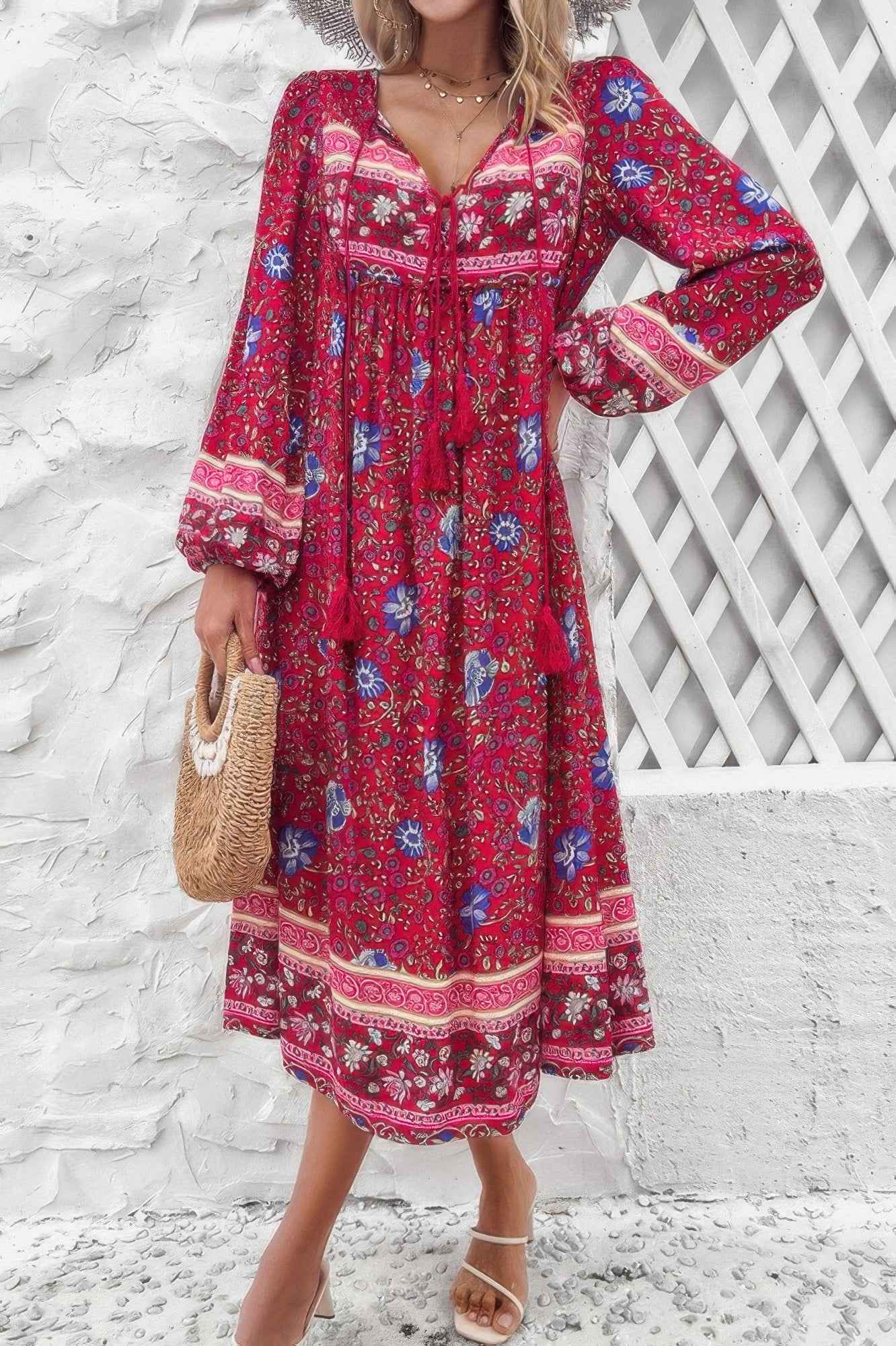 Cross Knot Floral Print Loose Fit V Neck Dress